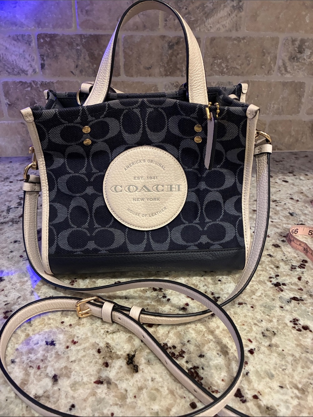 Coach Blue Denim Signature Canvas Crossbody with Cream Trim and Gold Accents